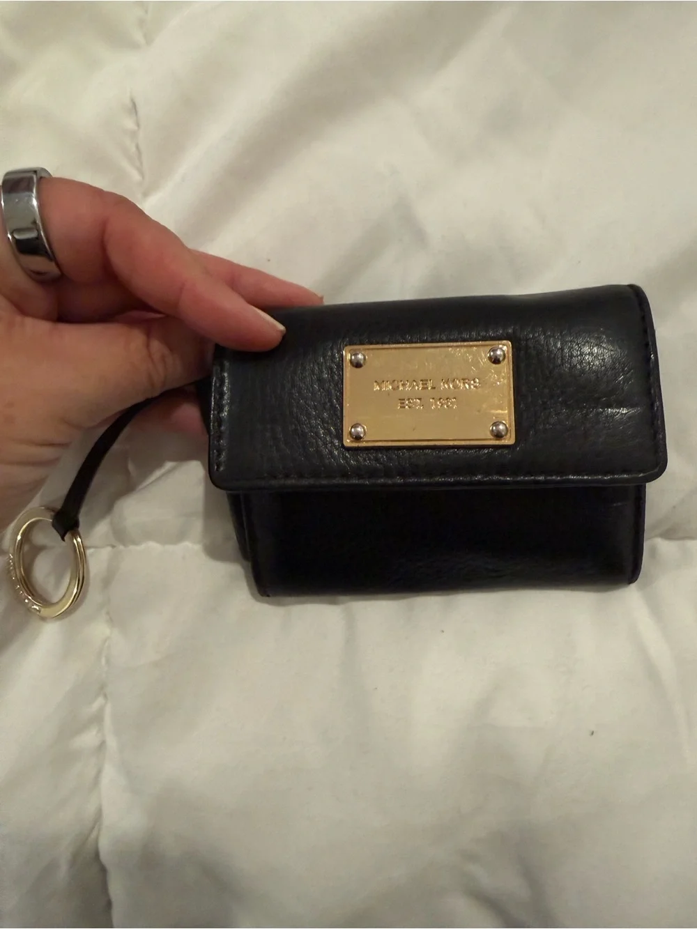 Michael Kors Black Leather Mini Key & Card Case with Gold Plaque